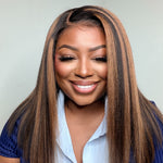 14” Yaki Straight Black with Caramel Highlights 7x5 Bye Bye Slip Bob Wig