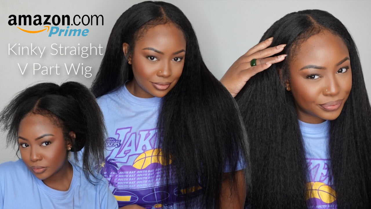 24" Kinky Straight V Part Wig with Drawstring