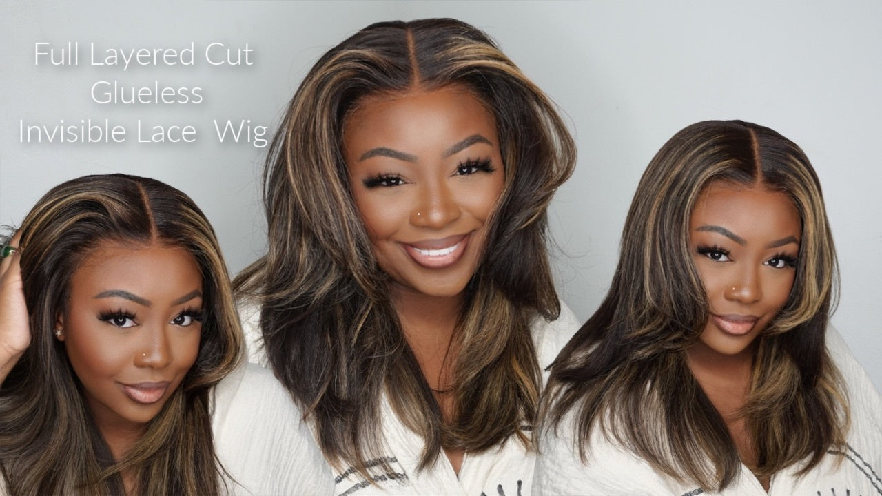 16" Full Layered Cut Yaki Straight Blonde Highlight Wig