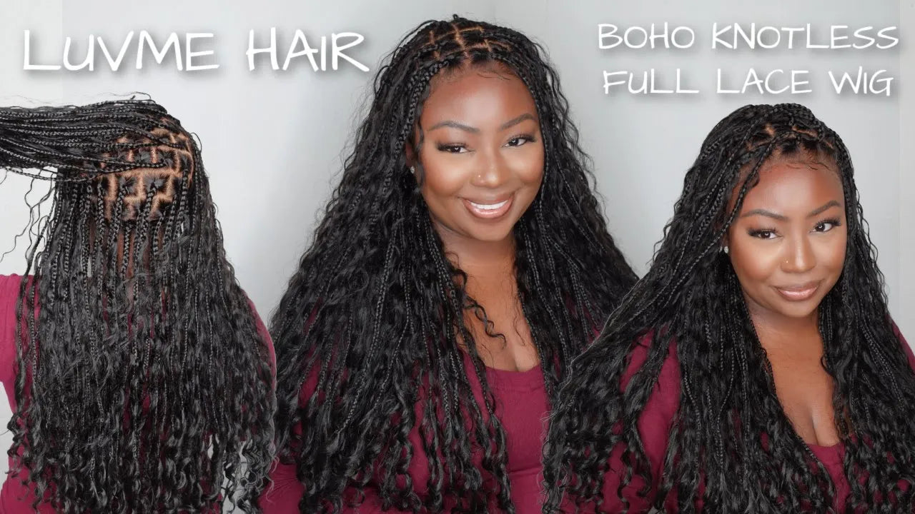 26" Flexi-Fit Invisi Drawstring Full Lace Knotless Boho Curls Braided Wig