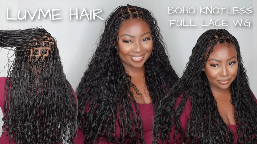 26" Flexi-Fit Invisi Drawstring Full Lace Knotless Boho Curls Braided Wig